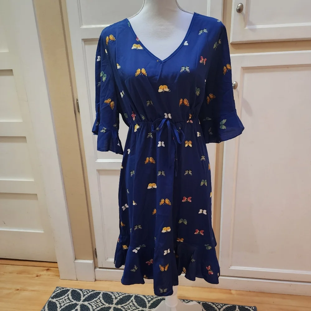 SHEIN Women's Butterfly Print, Flounce Sleeve, Hem Knot Front Dress NWOT - Picture 5 of 14